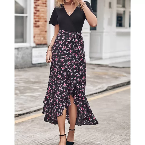 imageBTFBM Women Maxi Summer Dresses 2024 Short Sleeve V Neck Boho Floral Print Belted High Low Ruffle Cocktail Party DressFloral Black Red