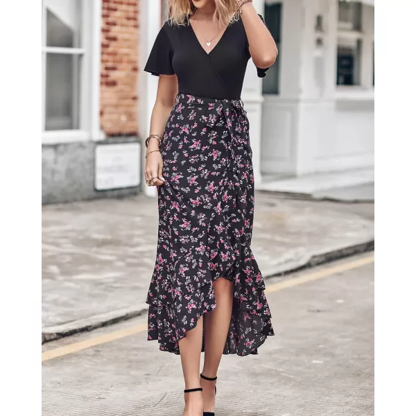 imageBTFBM Women Maxi Summer Dresses 2024 Short Sleeve V Neck Boho Floral Print Belted High Low Ruffle Cocktail Party DressFloral Black Red