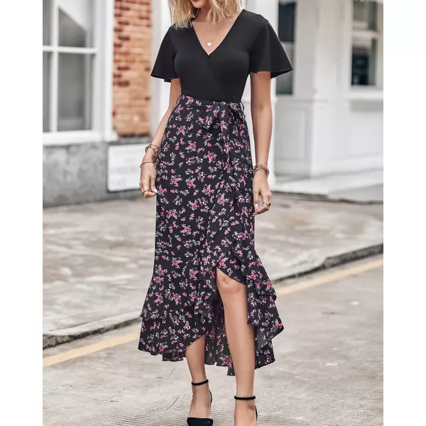 imageBTFBM Women Maxi Summer Dresses 2024 Short Sleeve V Neck Boho Floral Print Belted High Low Ruffle Cocktail Party DressFloral Black Red