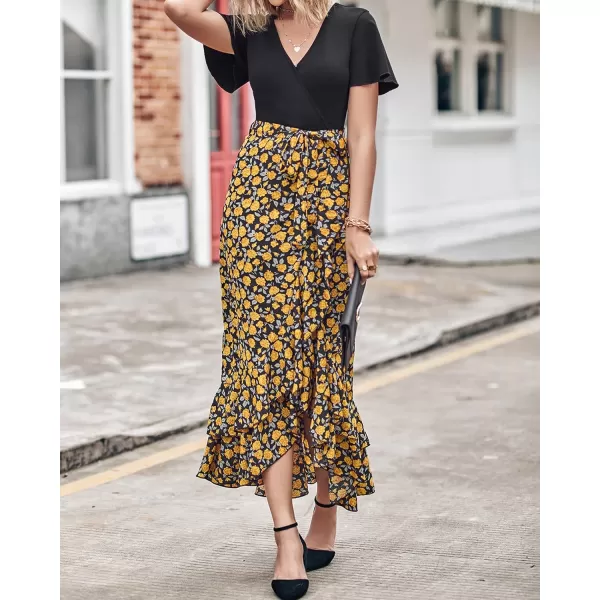 imageBTFBM Women Maxi Summer Dresses 2024 Short Sleeve V Neck Boho Floral Print Belted High Low Ruffle Cocktail Party DressFloral Black Yellow