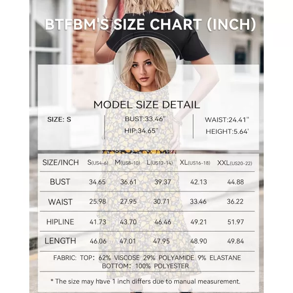 imageBTFBM Women Maxi Summer Dresses 2024 Short Sleeve V Neck Boho Floral Print Belted High Low Ruffle Cocktail Party DressFloral Black Yellow
