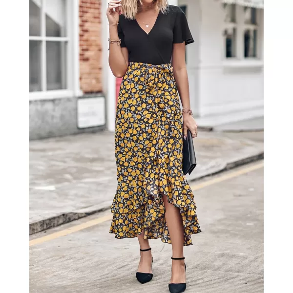 imageBTFBM Women Maxi Summer Dresses 2024 Short Sleeve V Neck Boho Floral Print Belted High Low Ruffle Cocktail Party DressFloral Black Yellow