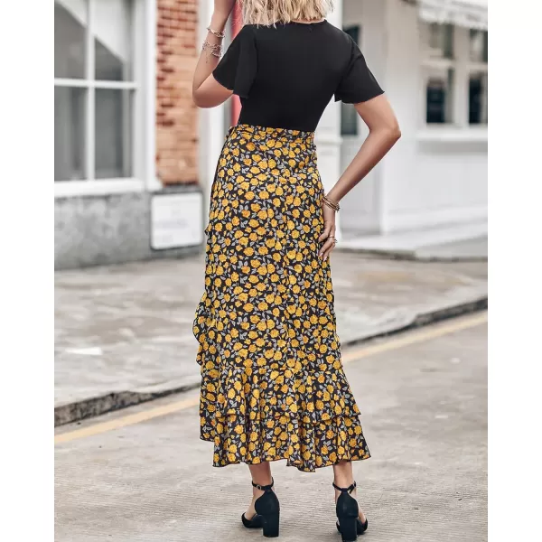 imageBTFBM Women Maxi Summer Dresses 2024 Short Sleeve V Neck Boho Floral Print Belted High Low Ruffle Cocktail Party DressFloral Black Yellow