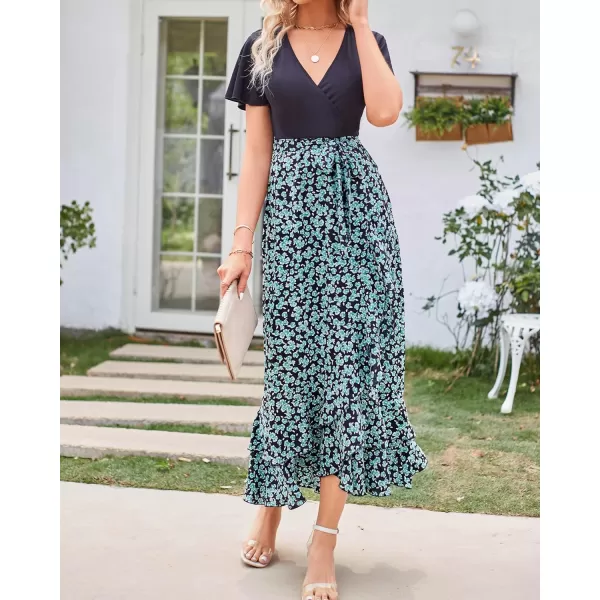 imageBTFBM Women Maxi Summer Dresses 2024 Short Sleeve V Neck Boho Floral Print Belted High Low Ruffle Cocktail Party DressFloral Blue Green