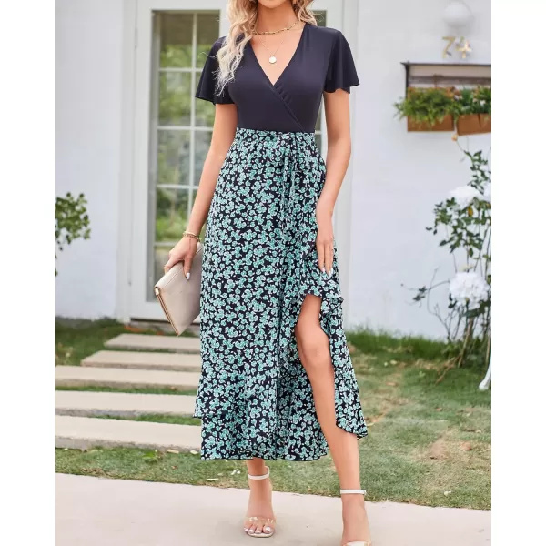 imageBTFBM Women Maxi Summer Dresses 2024 Short Sleeve V Neck Boho Floral Print Belted High Low Ruffle Cocktail Party DressFloral Blue Green