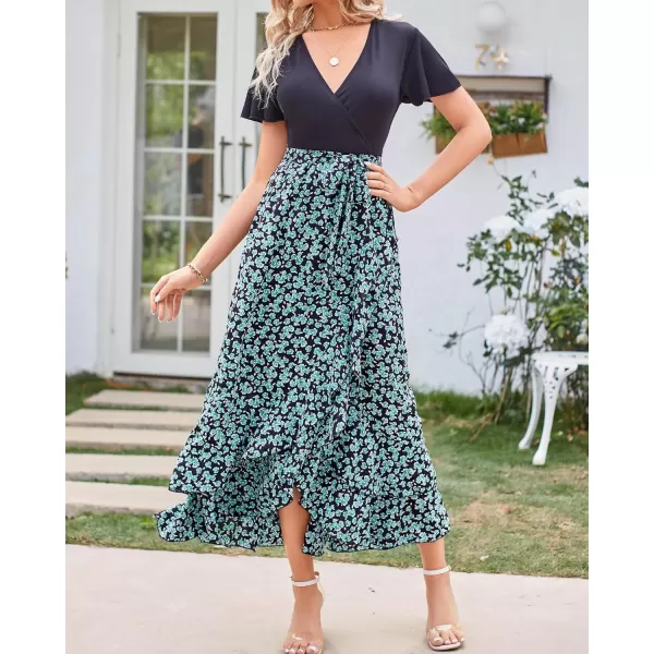 imageBTFBM Women Maxi Summer Dresses 2024 Short Sleeve V Neck Boho Floral Print Belted High Low Ruffle Cocktail Party DressFloral Blue Green