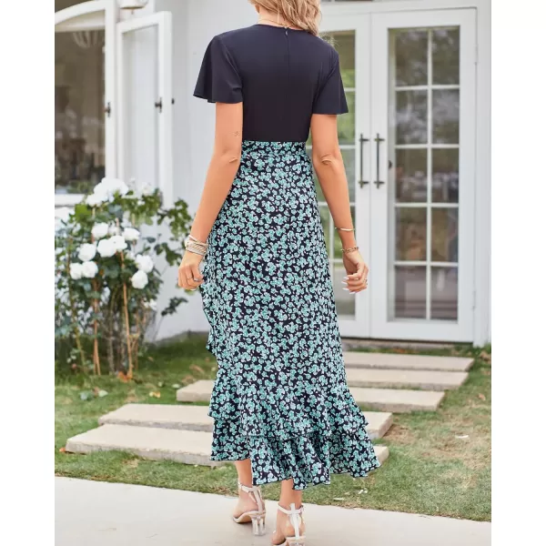 imageBTFBM Women Maxi Summer Dresses 2024 Short Sleeve V Neck Boho Floral Print Belted High Low Ruffle Cocktail Party DressFloral Blue Green