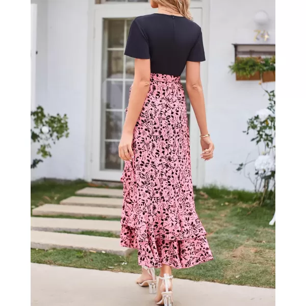 imageBTFBM Women Maxi Summer Dresses 2024 Short Sleeve V Neck Boho Floral Print Belted High Low Ruffle Cocktail Party DressFloral Pink Black