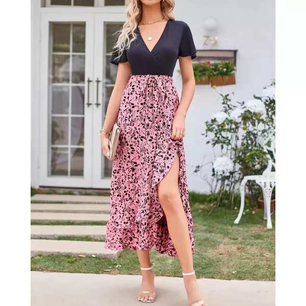 imageBTFBM Women Maxi Summer Dresses 2024 Short Sleeve V Neck Boho Floral Print Belted High Low Ruffle Cocktail Party DressFloral Pink Black