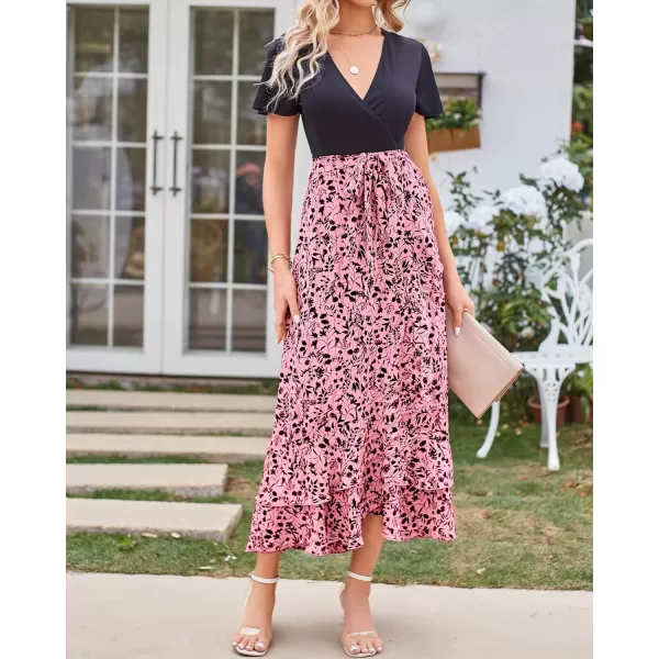 imageBTFBM Women Maxi Summer Dresses 2024 Short Sleeve V Neck Boho Floral Print Belted High Low Ruffle Cocktail Party DressFloral Pink Black