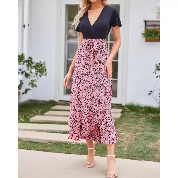 imageBTFBM Women Maxi Summer Dresses 2024 Short Sleeve V Neck Boho Floral Print Belted High Low Ruffle Cocktail Party DressFloral Pink Black