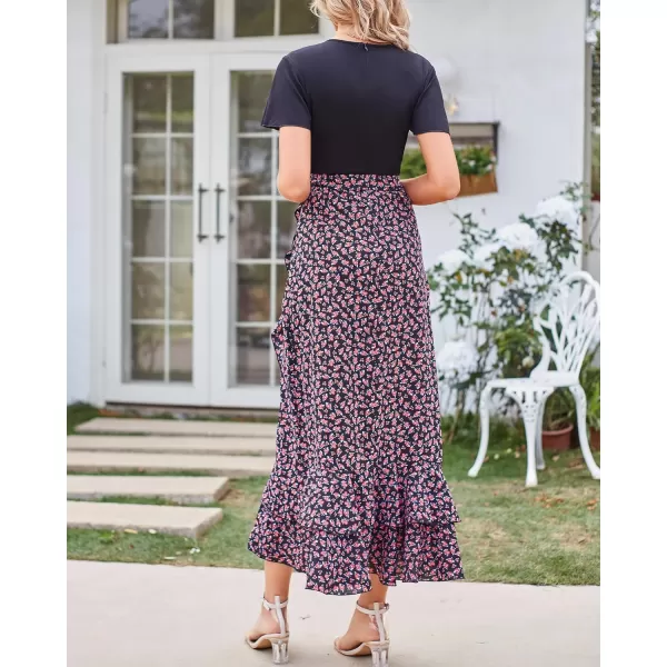 imageBTFBM Women Maxi Summer Dresses 2024 Short Sleeve V Neck Boho Floral Print Belted High Low Ruffle Cocktail Party DressFloral Rose Red