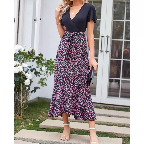 imageBTFBM Women Maxi Summer Dresses 2024 Short Sleeve V Neck Boho Floral Print Belted High Low Ruffle Cocktail Party DressFloral Rose Red
