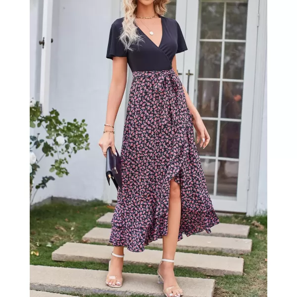 imageBTFBM Women Maxi Summer Dresses 2024 Short Sleeve V Neck Boho Floral Print Belted High Low Ruffle Cocktail Party DressFloral Rose Red