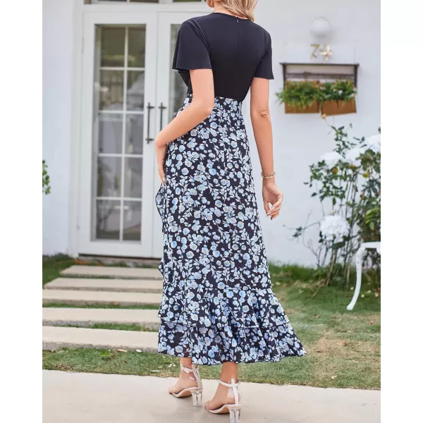 imageBTFBM Women Maxi Summer Dresses 2024 Short Sleeve V Neck Boho Floral Print Belted High Low Ruffle Cocktail Party DressFloral White Blue