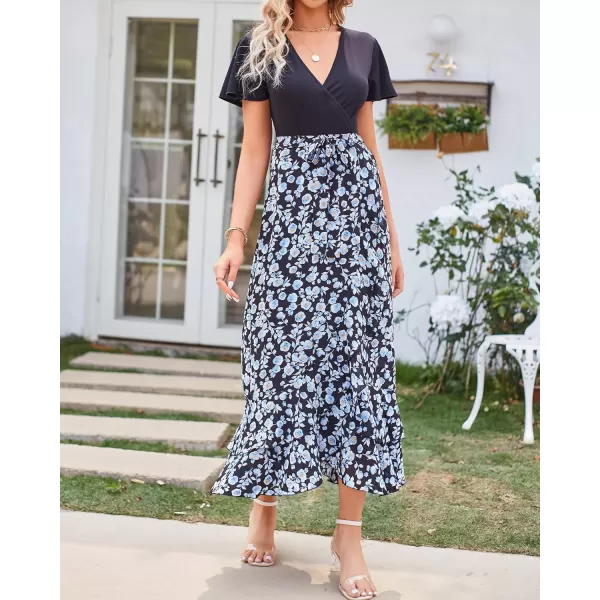 imageBTFBM Women Maxi Summer Dresses 2024 Short Sleeve V Neck Boho Floral Print Belted High Low Ruffle Cocktail Party DressFloral White Blue