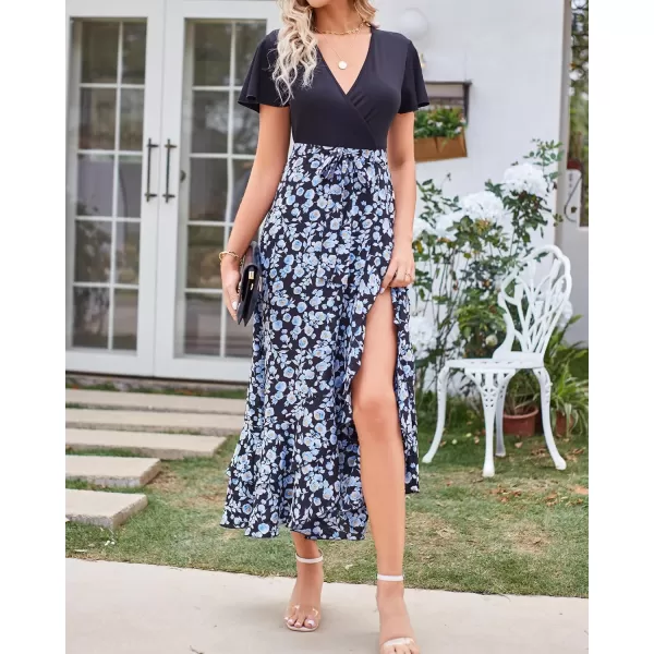 imageBTFBM Women Maxi Summer Dresses 2024 Short Sleeve V Neck Boho Floral Print Belted High Low Ruffle Cocktail Party DressFloral White Blue