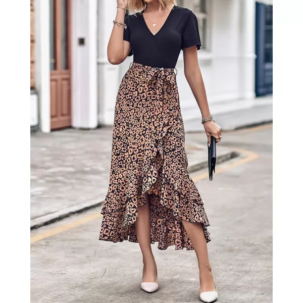 imageBTFBM Women Maxi Summer Dresses 2024 Short Sleeve V Neck Boho Floral Print Belted High Low Ruffle Cocktail Party DressLeopard Black Brown