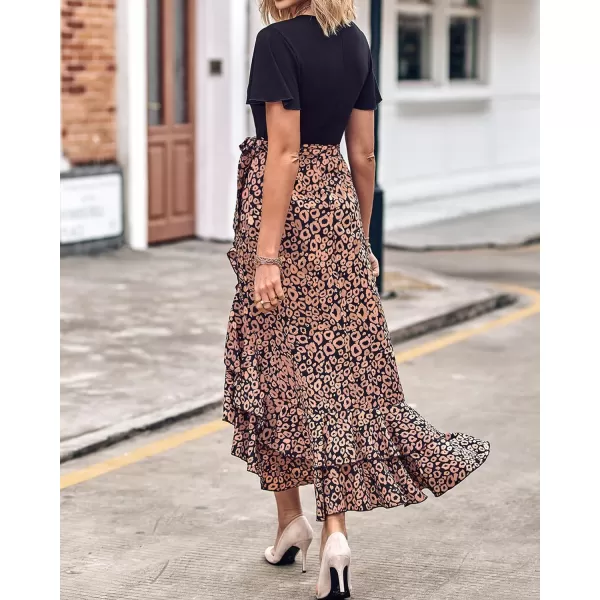 imageBTFBM Women Maxi Summer Dresses 2024 Short Sleeve V Neck Boho Floral Print Belted High Low Ruffle Cocktail Party DressLeopard Black Brown