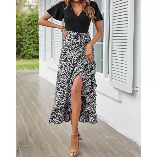 imageBTFBM Women Maxi Summer Dresses 2024 Short Sleeve V Neck Boho Floral Print Belted High Low Ruffle Cocktail Party DressLeopard Black Grey