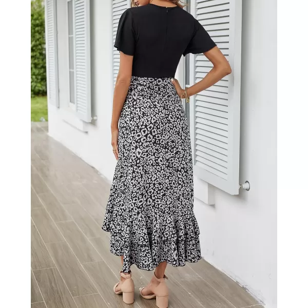 imageBTFBM Women Maxi Summer Dresses 2024 Short Sleeve V Neck Boho Floral Print Belted High Low Ruffle Cocktail Party DressLeopard Black Grey