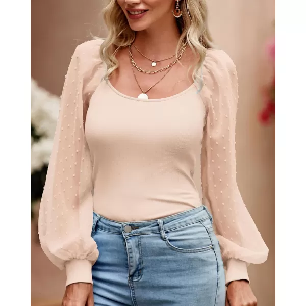 imageBTFBM Women Mesh Puff Long Sleeve Shirts Tops Scoop Neck Swiss Dot Slim Casual Ribbed Knit Summer Fall Blouses Tops 2023Solid Apricot