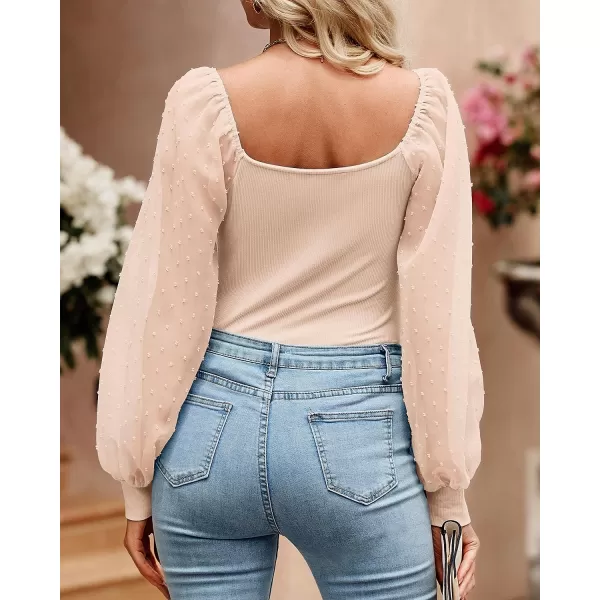 imageBTFBM Women Mesh Puff Long Sleeve Shirts Tops Scoop Neck Swiss Dot Slim Casual Ribbed Knit Summer Fall Blouses Tops 2023Solid Apricot