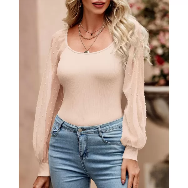 imageBTFBM Women Mesh Puff Long Sleeve Shirts Tops Scoop Neck Swiss Dot Slim Casual Ribbed Knit Summer Fall Blouses Tops 2023Solid Apricot