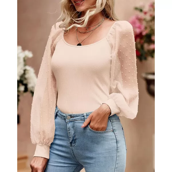 imageBTFBM Women Mesh Puff Long Sleeve Shirts Tops Scoop Neck Swiss Dot Slim Casual Ribbed Knit Summer Fall Blouses Tops 2023Solid Apricot