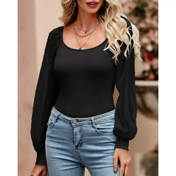 imageBTFBM Women Mesh Puff Long Sleeve Shirts Tops Scoop Neck Swiss Dot Slim Casual Ribbed Knit Summer Fall Blouses Tops 2023Solid Black