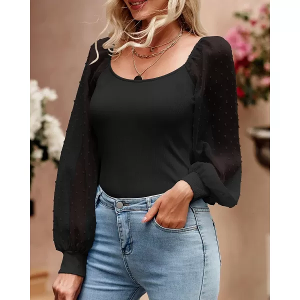 imageBTFBM Women Mesh Puff Long Sleeve Shirts Tops Scoop Neck Swiss Dot Slim Casual Ribbed Knit Summer Fall Blouses Tops 2023Solid Black