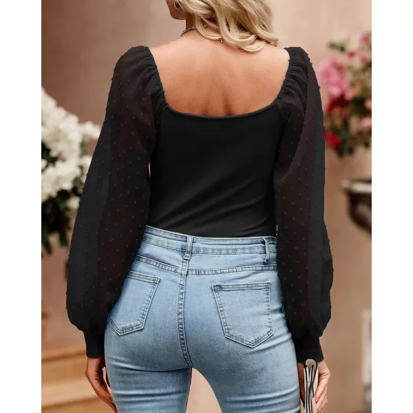 imageBTFBM Women Mesh Puff Long Sleeve Shirts Tops Scoop Neck Swiss Dot Slim Casual Ribbed Knit Summer Fall Blouses Tops 2023Solid Black