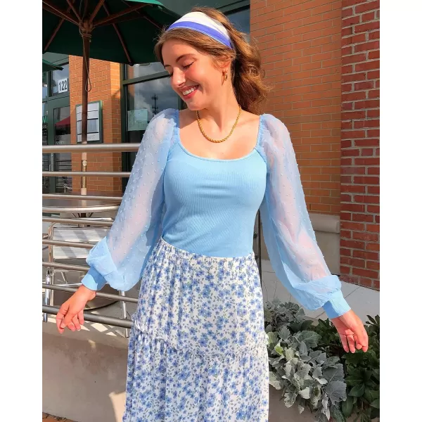 imageBTFBM Women Mesh Puff Long Sleeve Shirts Tops Scoop Neck Swiss Dot Slim Casual Ribbed Knit Summer Fall Blouses Tops 2023Solid Blue