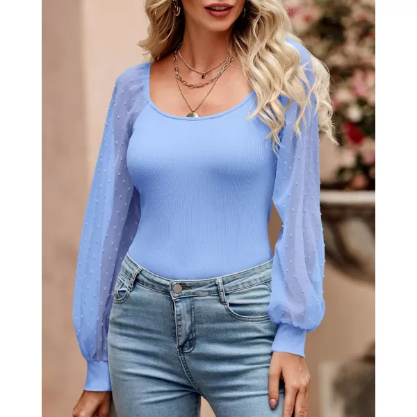 imageBTFBM Women Mesh Puff Long Sleeve Shirts Tops Scoop Neck Swiss Dot Slim Casual Ribbed Knit Summer Fall Blouses Tops 2023Solid Blue