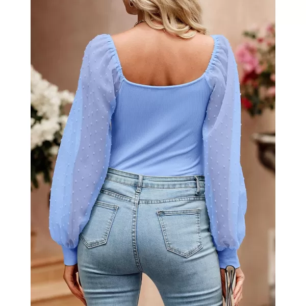 imageBTFBM Women Mesh Puff Long Sleeve Shirts Tops Scoop Neck Swiss Dot Slim Casual Ribbed Knit Summer Fall Blouses Tops 2023Solid Blue