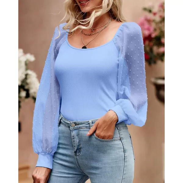 imageBTFBM Women Mesh Puff Long Sleeve Shirts Tops Scoop Neck Swiss Dot Slim Casual Ribbed Knit Summer Fall Blouses Tops 2023Solid Blue