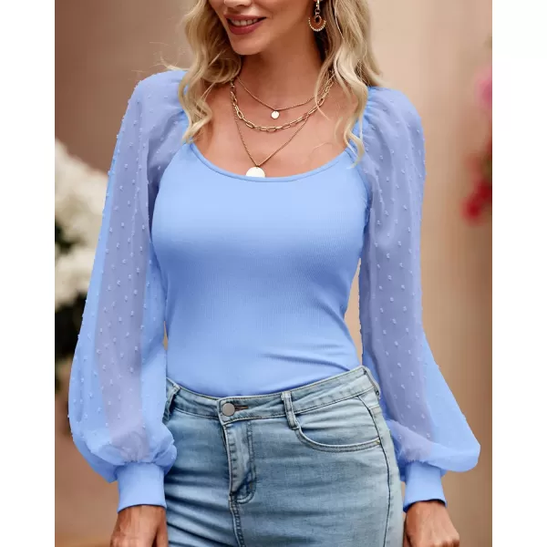 imageBTFBM Women Mesh Puff Long Sleeve Shirts Tops Scoop Neck Swiss Dot Slim Casual Ribbed Knit Summer Fall Blouses Tops 2023Solid Blue