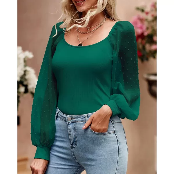 imageBTFBM Women Mesh Puff Long Sleeve Shirts Tops Scoop Neck Swiss Dot Slim Casual Ribbed Knit Summer Fall Blouses Tops 2023Solid Green