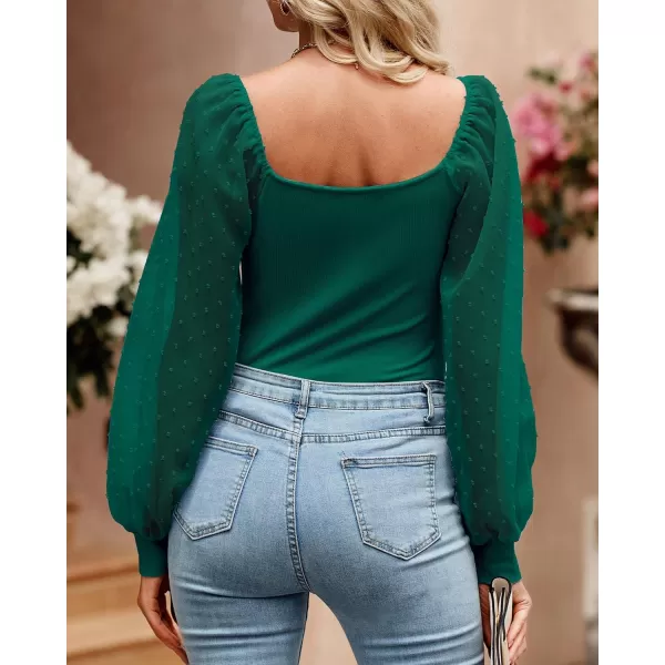 imageBTFBM Women Mesh Puff Long Sleeve Shirts Tops Scoop Neck Swiss Dot Slim Casual Ribbed Knit Summer Fall Blouses Tops 2023Solid Green