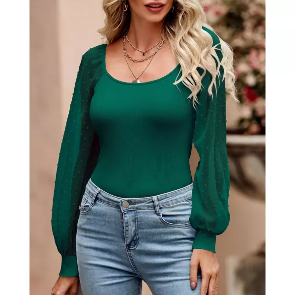 imageBTFBM Women Mesh Puff Long Sleeve Shirts Tops Scoop Neck Swiss Dot Slim Casual Ribbed Knit Summer Fall Blouses Tops 2023Solid Green