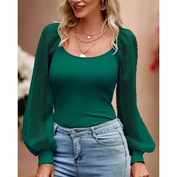 imageBTFBM Women Mesh Puff Long Sleeve Shirts Tops Scoop Neck Swiss Dot Slim Casual Ribbed Knit Summer Fall Blouses Tops 2023Solid Green