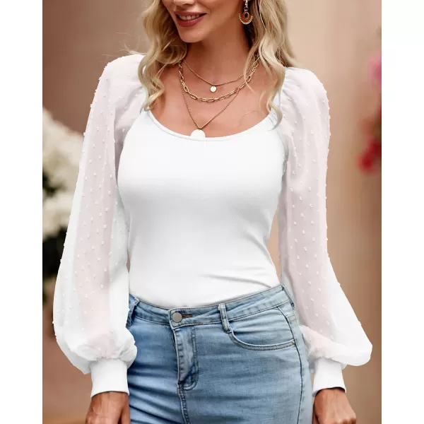 imageBTFBM Women Mesh Puff Long Sleeve Shirts Tops Scoop Neck Swiss Dot Slim Casual Ribbed Knit Summer Fall Blouses Tops 2023Solid White
