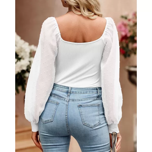 imageBTFBM Women Mesh Puff Long Sleeve Shirts Tops Scoop Neck Swiss Dot Slim Casual Ribbed Knit Summer Fall Blouses Tops 2023Solid White