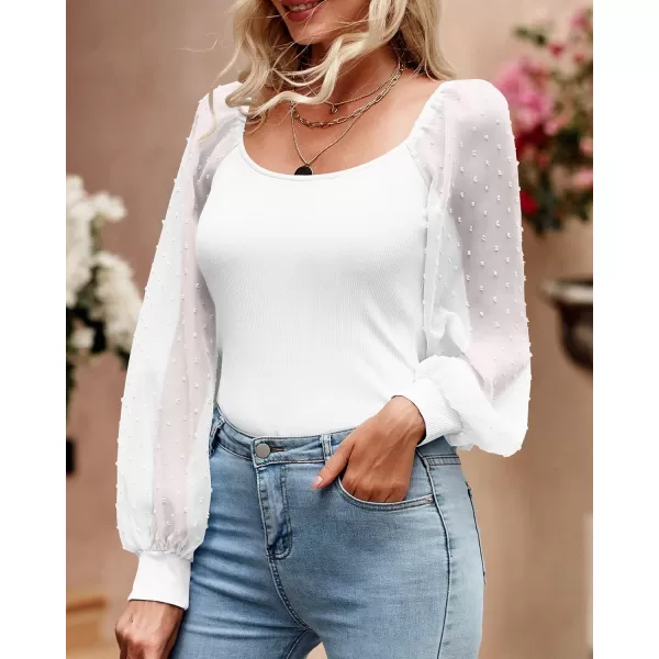 imageBTFBM Women Mesh Puff Long Sleeve Shirts Tops Scoop Neck Swiss Dot Slim Casual Ribbed Knit Summer Fall Blouses Tops 2023Solid White