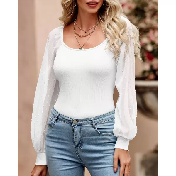 imageBTFBM Women Mesh Puff Long Sleeve Shirts Tops Scoop Neck Swiss Dot Slim Casual Ribbed Knit Summer Fall Blouses Tops 2023Solid White