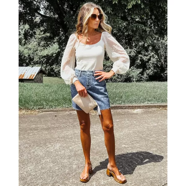 imageBTFBM Women Mesh Puff Long Sleeve Shirts Tops Scoop Neck Swiss Dot Slim Casual Ribbed Knit Summer Fall Blouses Tops 2023Solid White