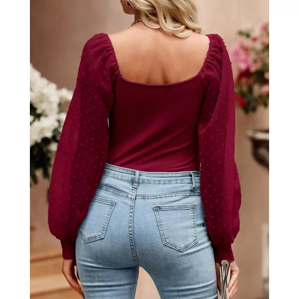 imageBTFBM Women Mesh Puff Long Sleeve Shirts Tops Scoop Neck Swiss Dot Slim Casual Ribbed Knit Summer Fall Blouses Tops 2023Solid Wine Red
