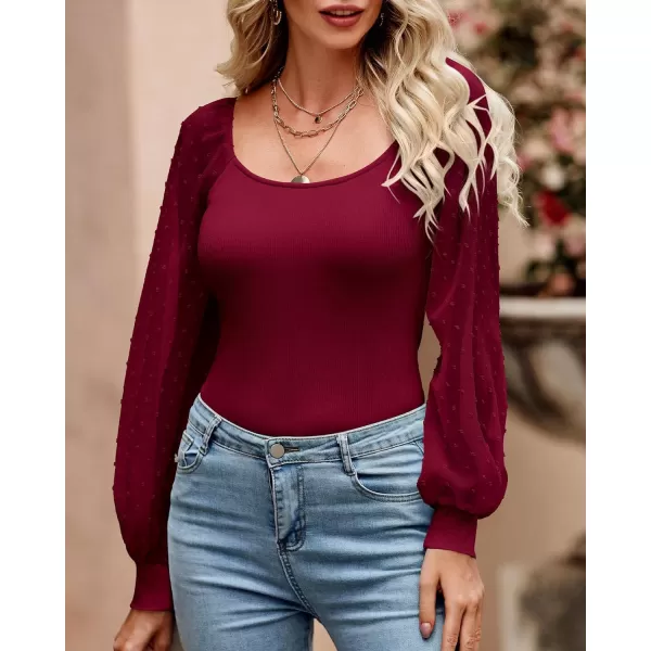 imageBTFBM Women Mesh Puff Long Sleeve Shirts Tops Scoop Neck Swiss Dot Slim Casual Ribbed Knit Summer Fall Blouses Tops 2023Solid Wine Red