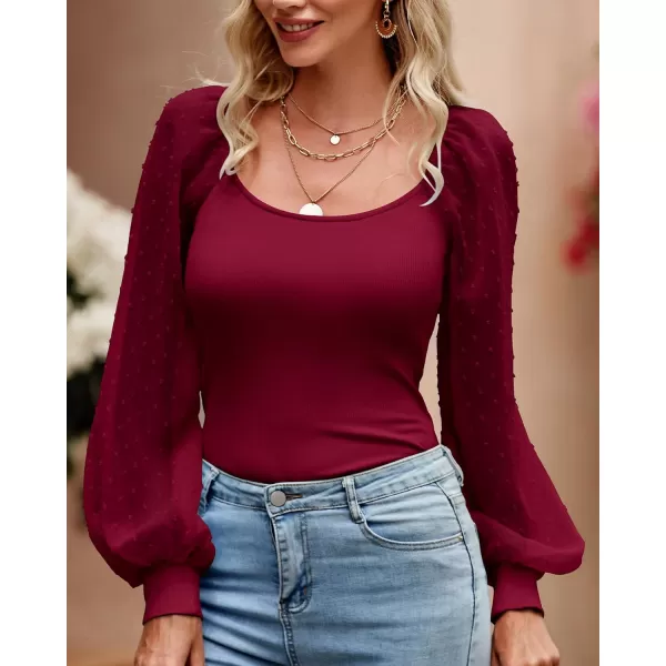 imageBTFBM Women Mesh Puff Long Sleeve Shirts Tops Scoop Neck Swiss Dot Slim Casual Ribbed Knit Summer Fall Blouses Tops 2023Solid Wine Red