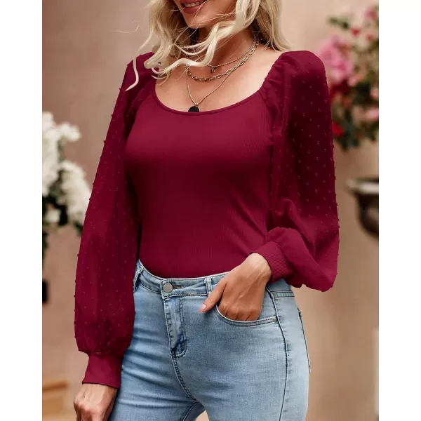 imageBTFBM Women Mesh Puff Long Sleeve Shirts Tops Scoop Neck Swiss Dot Slim Casual Ribbed Knit Summer Fall Blouses Tops 2023Solid Wine Red
